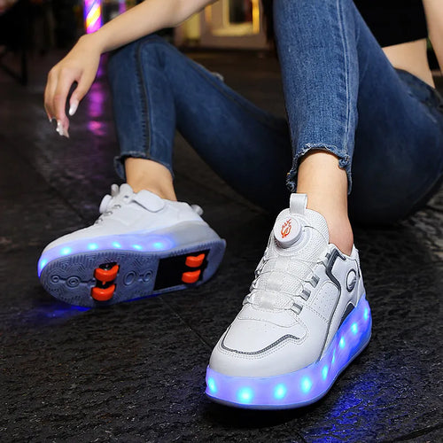 Children's Four-Wheel LED Light Walking Shoes Double Row Roller Skates Ice Skate Shoes Unisex Kids' Wheeling Footwear