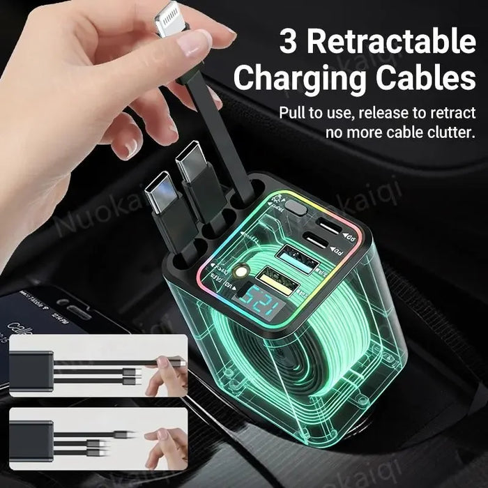 5-in-1 Car Charger 66W Fast Charging | Retractable Cable PD30W QC22.5W | iPhone & Android