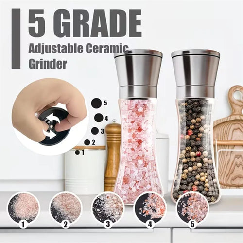 200ml Stainless Steel & Glass Pepper & Salt Grinder | Adjustable Coarseness | Manual Kitchen Mill