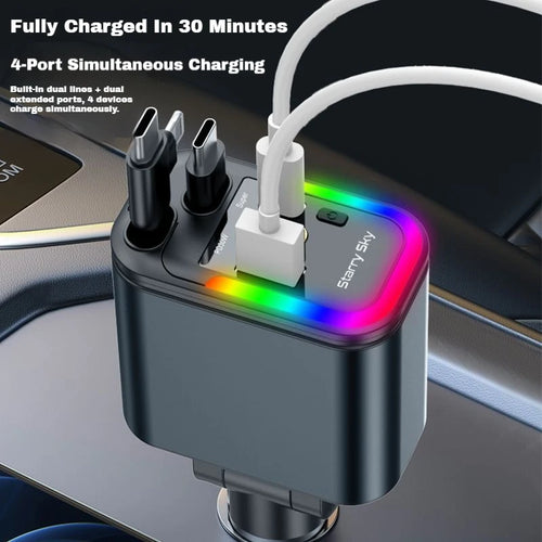 5-in-1 Car Charger 180W Super Fast Charging | 2 Retractable Cables | Starlight Design | iOS & Android